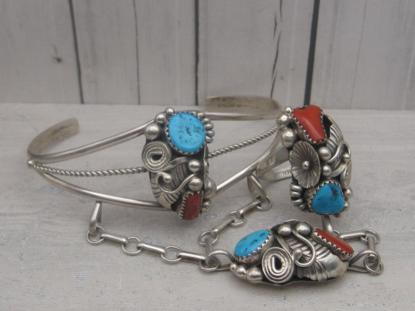 Native American Made Vintage Turquoise Coral and Sterling Silver Cuff Bracelet and Ring New Old Stock