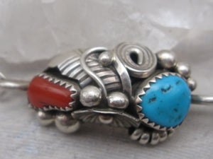 Native American Made Vintage Turquoise Coral and Sterling Silver Cuff Bracelet and Ring New Old Stock