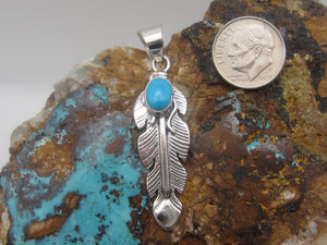 Native American Made Sterling Silver Feather Pendant With Blue Turquoise