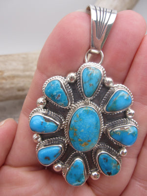 Native American Made Blue, Blue Turquoise and Sterling Silver Cluster Pendant
