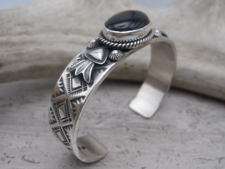 Native American Made Stamped Sterling Silver with Onyx Cuff Bracelet