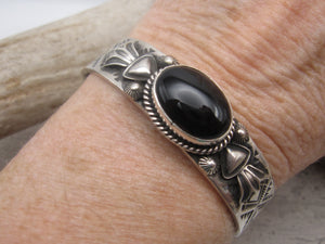 Native American Made Stamped Sterling Silver with Onyx Cuff Bracelet