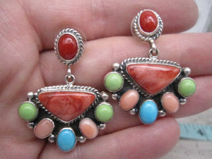 Native American Made Multi Stone/Shell and Sterling Silver Half Cluster Post Back Earrings