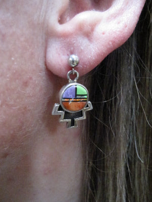 Native American Made Multi Stone Inlay and Sterling Silver Post Earrings