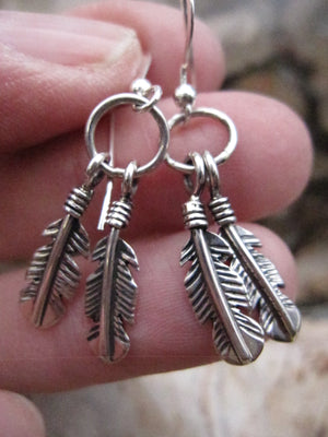 Native American Made Petite Sterling Silver Double Feather Earrings