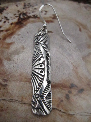 Native American Made Hand Stamped Sterling Silver Dangle Earrings
