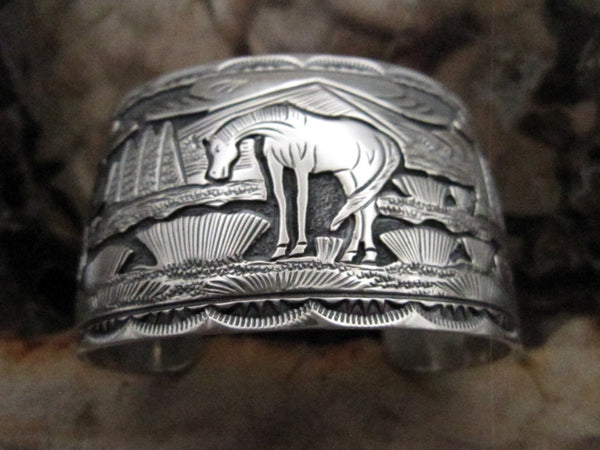 Native American Made Sterling Silver Overlay Horse Story Teller Cuff Bracelet