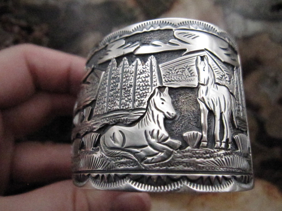 Native American Made Sterling Silver Overlay Horse Story Teller Cuff Bracelet