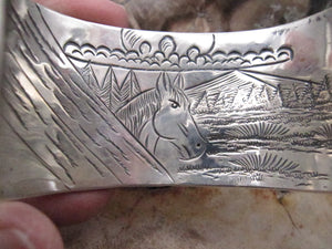 Native American Made Sterling Silver Overlay Horse Story Teller Cuff Bracelet