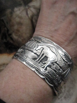 Native American Made Sterling Silver Overlay Horse Story Teller Cuff Bracelet