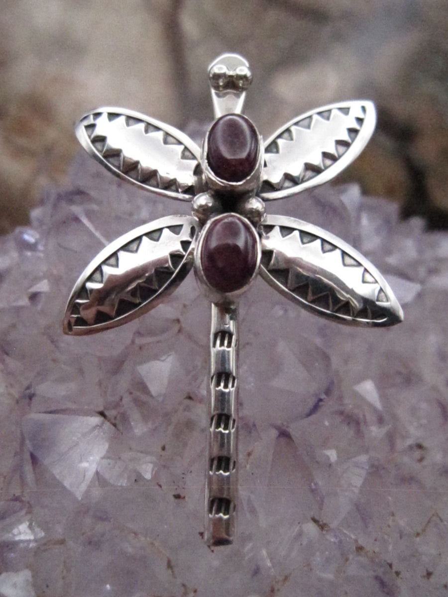 Native American Made Purple Spiny Oyster and Sterling Silver Dragonfly Pin