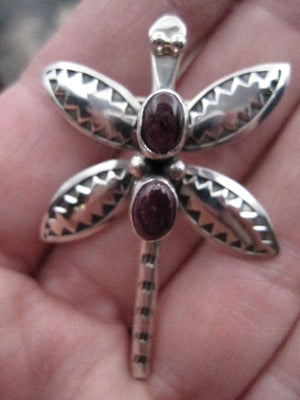Native American Made Purple Spiny Oyster and Sterling Silver Dragonfly Pin