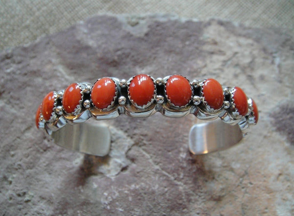 Nine Stone Coral Sterling Silver Bracelet