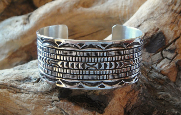 Native American Made Sterling Silver Stamped Wide Cuff Bracelet