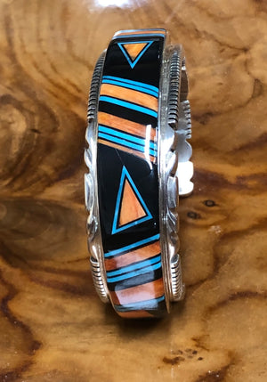 Native American Made Turquoise, Orange Spiny Oyster, and Onyx Inlay and Sterling Silver Cuff Bracelet by Thomas Francisco