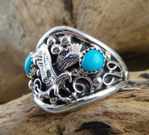 Men's Turquoise & Sterling Silver Eagle Ring - Side View