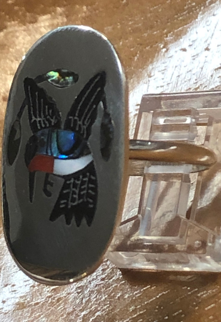 Native American Zuni Made Inlay Hummingbird and Sterling Silver Ring