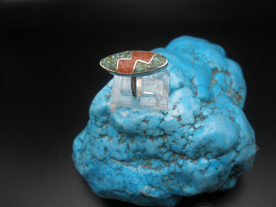 Vintage Turquoise and Coral Chip Inlay Ring