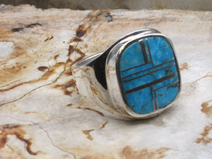 Native American Made Channel Inlay Turquoise and Sterling Silver Men's Ring