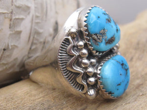 Native American Made Two Stone Turquoise and Sterling Silver Men's Ring