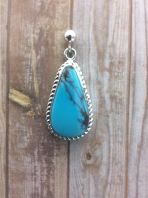 Native American Made Kingman Turquoise and Sterling Silver Teardrop Dangle Post Earrings