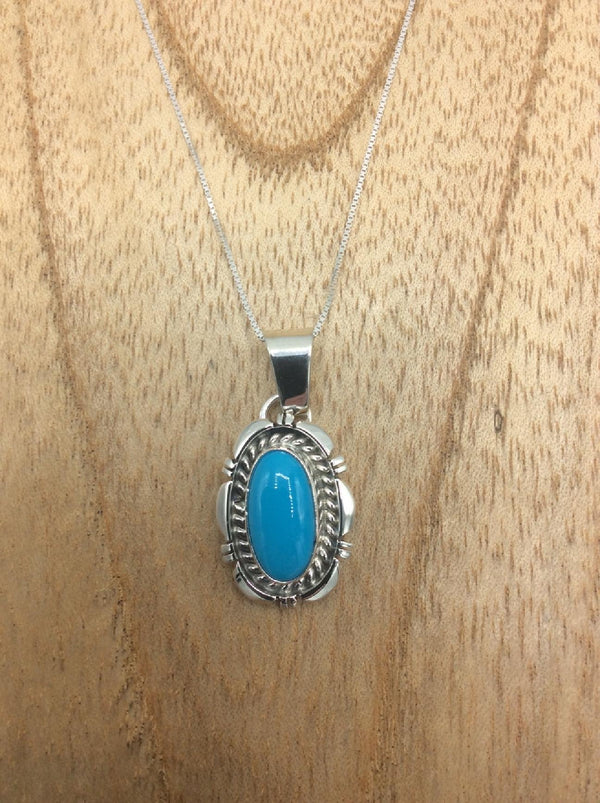 Native American Made Bright Blue Traditional Style Turquoise and Sterling Silver Pendant