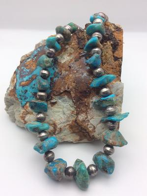 Vintage Native American Made Turquoise Nugget and Sterling Silver Bead Necklace