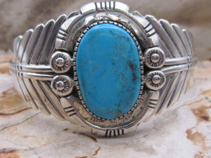 Native American Made Beautiful Blue Turquoise and Sterling Silver Cuff Bracelet by Charles Draper
