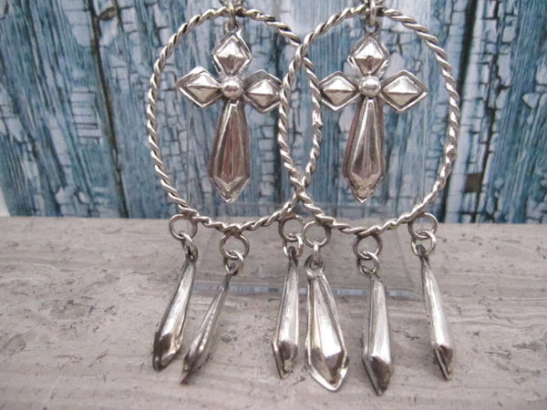 Native American Made Sterling Silver Repousse or Bump Out Shoulder Duster Long Cross Earrings