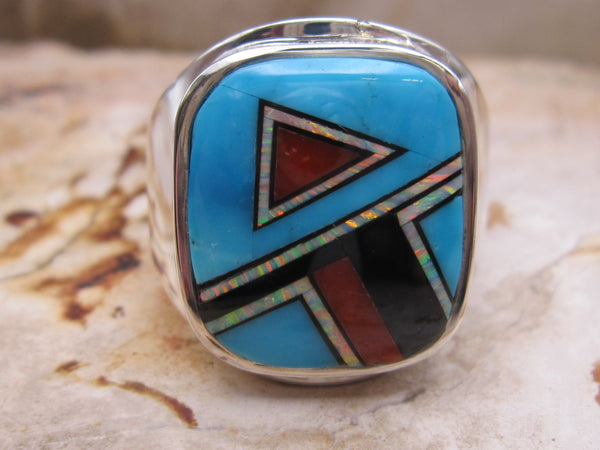 Native American Made Turquoise, Multistone Inlay and Sterling Silver Ring