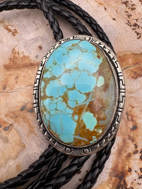 Genuine Turquoise Bolo Tie Authentic Native American Sterling Silver Mine #8 Stone