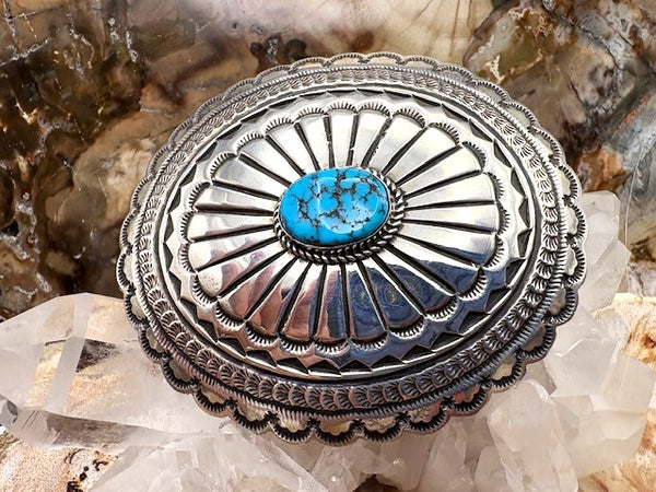 Authentic Native American Stamped Sterling Silver Buckle with Turquoise Southwestern Style