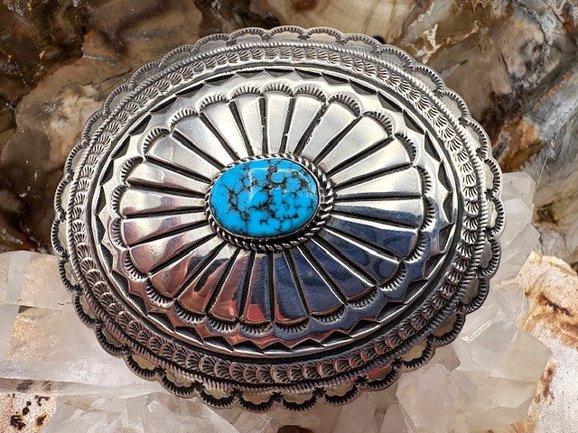 Authentic Native American Stamped Sterling Silver Buckle with Turquoise Southwestern Style