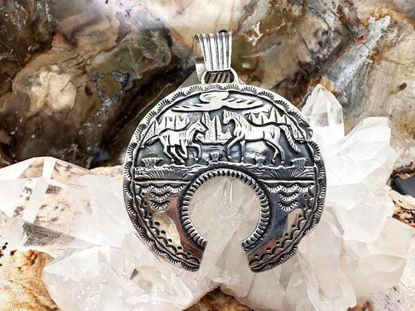 Authentic Native American Made Horse Lover Sterling Silver Storyteller Overlay Pendant Southwestern Style