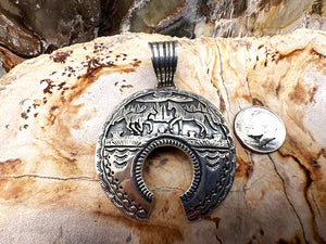 Authentic Native American Made Horse Lover Sterling Silver Storyteller Overlay Pendant Southwestern Style