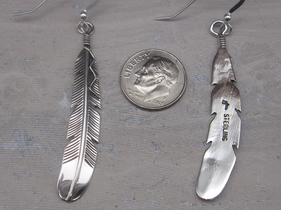 Native American Made Sterling Silver Feather Dangle Earrings