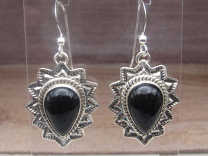 Hand Stamped Sterling Silver and Black Onyx Dangle Earrings