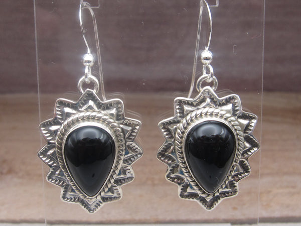 Native American Made Hand Stamped Sterling Silver and Black Onyx Dangle Earrings