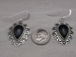Native American Made Hand Stamped Sterling Silver and Black Onyx Dangle Earrings