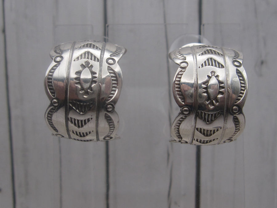Sterling Silver Hand Stamped Half Hoop Post Earrings