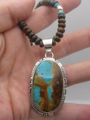 Native American Made Blue Turquoise and Sterling Silver Pendant on Turquoise and Sterling Silver Beaded Necklace