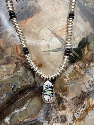 Native American Made Sterling Silver Bead Necklace White Buffalo Inlay Pendant