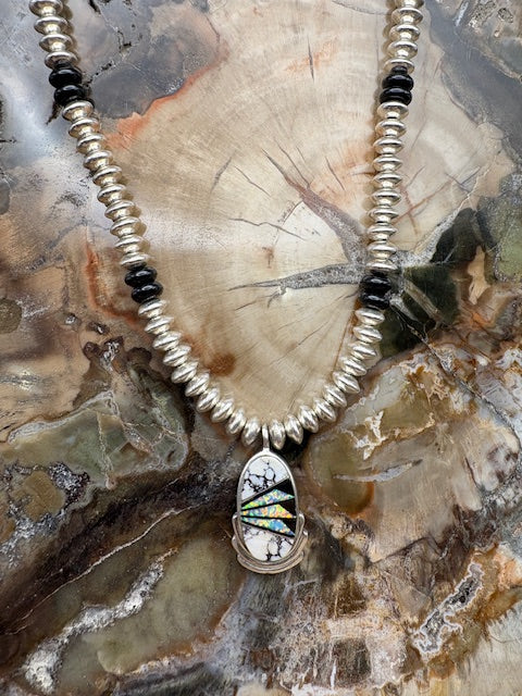 Native American Made Sterling Silver Bead Necklace White Buffalo Inlay Pendant