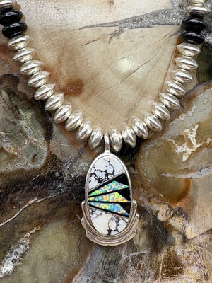 Native American Made Sterling Silver Bead Necklace White Buffalo Inlay Pendant