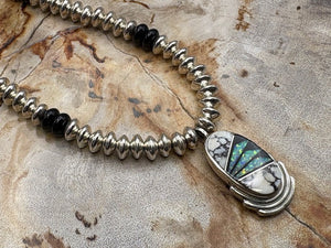 Native American Made Sterling Silver Bead Necklace White Buffalo Inlay Pendant