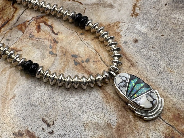 Native American Made Sterling Silver Bead Necklace White Buffalo Inlay Pendant