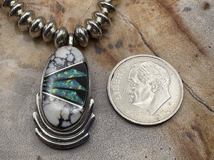 Native American Made Sterling Silver Bead Necklace White Buffalo Inlay Pendant