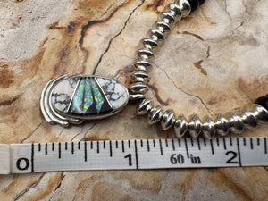 Native American Made Sterling Silver Bead Necklace White Buffalo Inlay Pendant