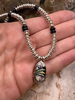 Native American Made Sterling Silver Bead Necklace White Buffalo Inlay Pendant