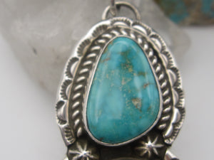 Native American Made Three Stone Vintage Turquoise Mountain Turquoise and Hand Stamped Sterling Silver Pendant